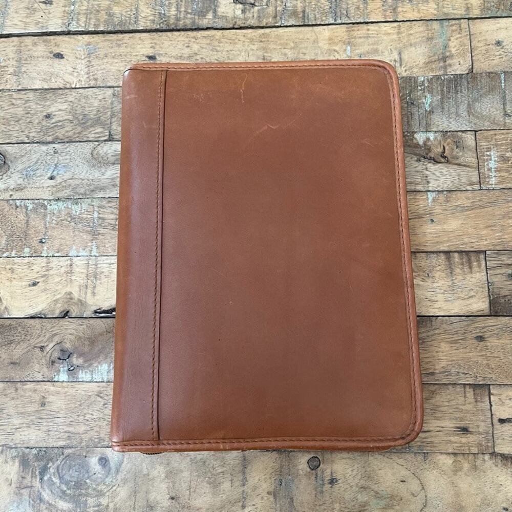 Brown Genuine Leather Zip-Around Planner 7-Ring Binder Multi-Pocket